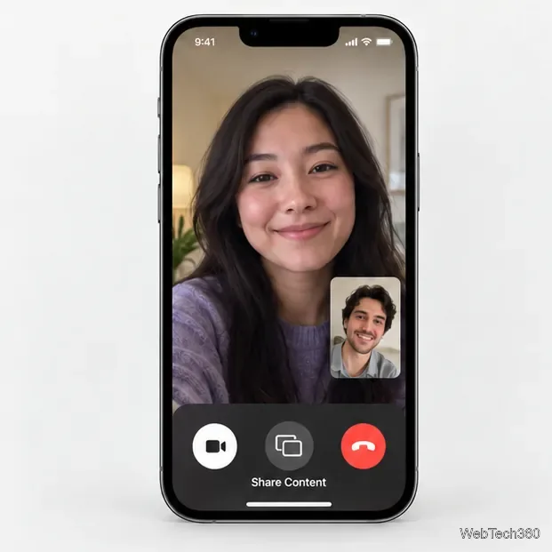 Una chiamata FaceTime da iPhone con il controllo di condivisione schermo "Condividi contenuto" visibile nei controlli della chiamata.
