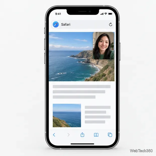 Safari aperto su un iPhone mentre il riquadro picture-in-picture di FaceTime rimane visibile
