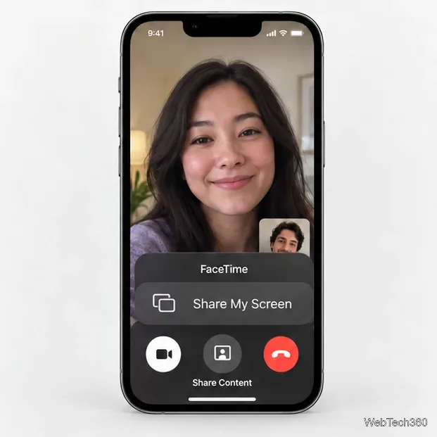 Il menu Condividi contenuti FaceTime di iOS 15 con Condividi il mio schermo pronto per la selezione