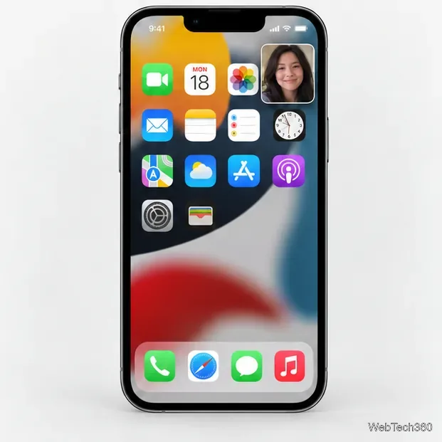 La schermata iniziale dell'iPhone con il riquadro della chiamata FaceTime picture-in-picture nell'angolo in alto