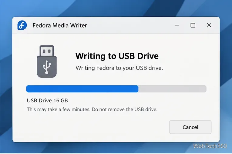 Fedora Media Writer graba Fedora en una unidad USB con el progreso mostrado.