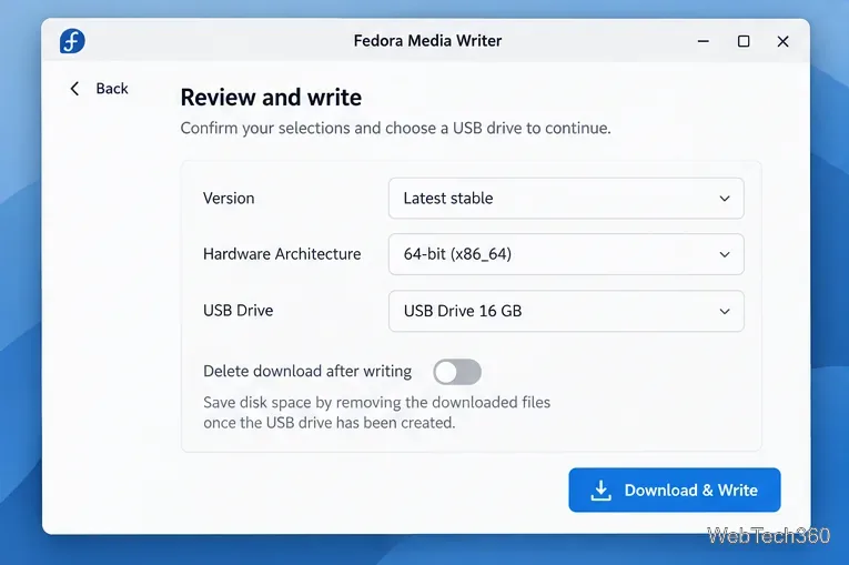 Pantalla de revisión de Fedora Media Writer con versión, arquitectura x86_64, unidad USB y botón de descarga y escritura.