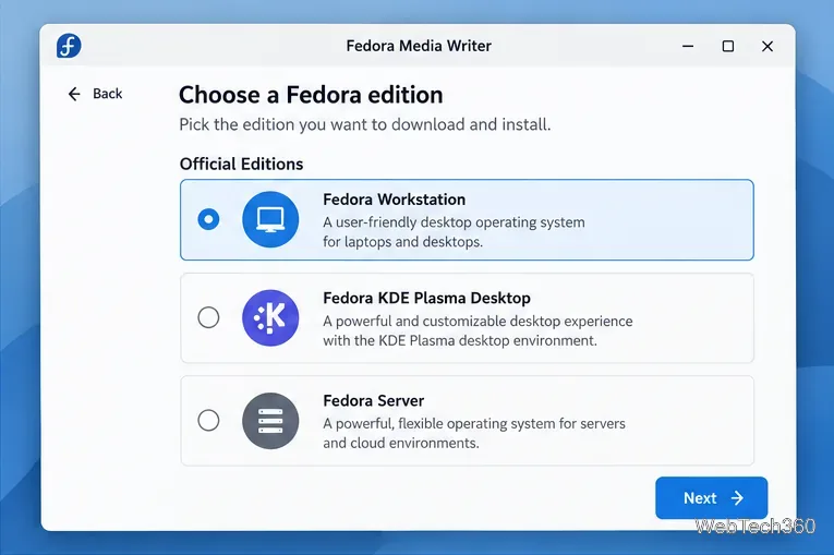 Pantalla de selección de edición de Fedora Media Writer que muestra Workstation, KDE Plasma Desktop y Server.