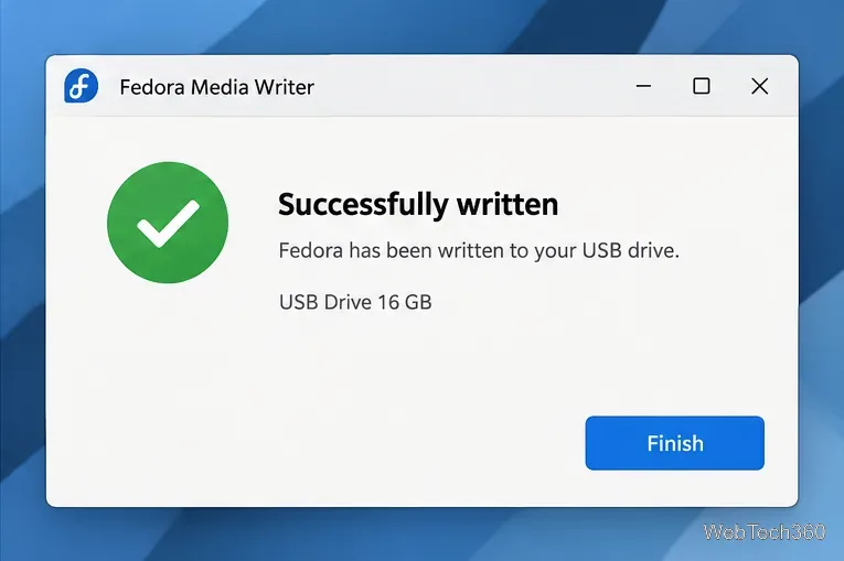 Fedora Media Writer ha escrito correctamente una pantalla con un botón Finalizar.