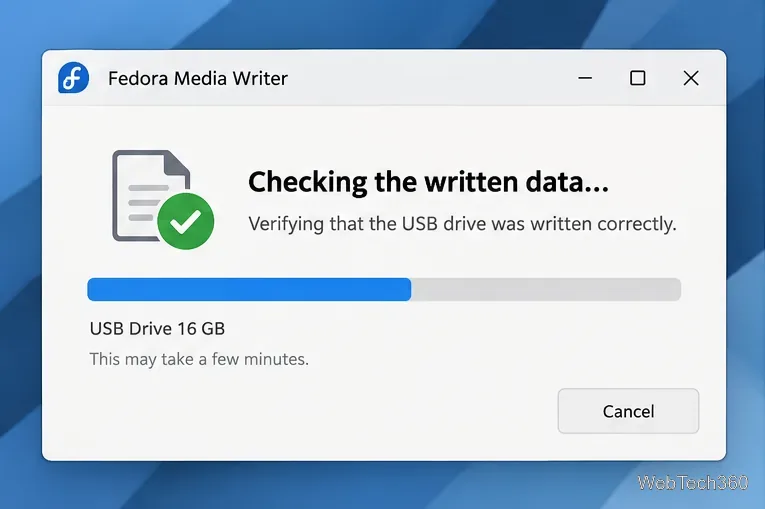 Fedora Media Writer comprobando los datos escritos en la unidad USB