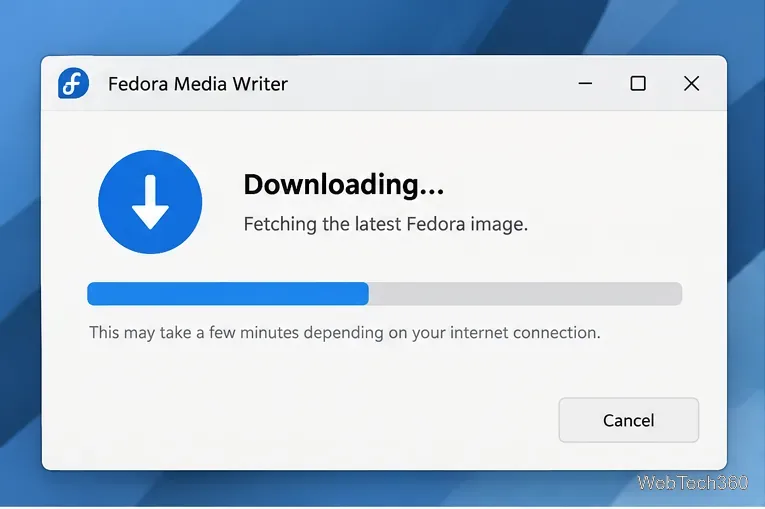 Descarga de una imagen de Fedora con Fedora Media Writer y una barra de progreso.