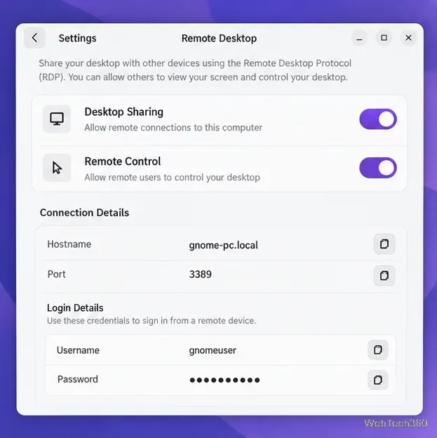 Detalii despre conexiunea Desktop la distanță GNOME care afișează un exemplu de nume de gazdă, port, nume de utilizator și parolă mascată.