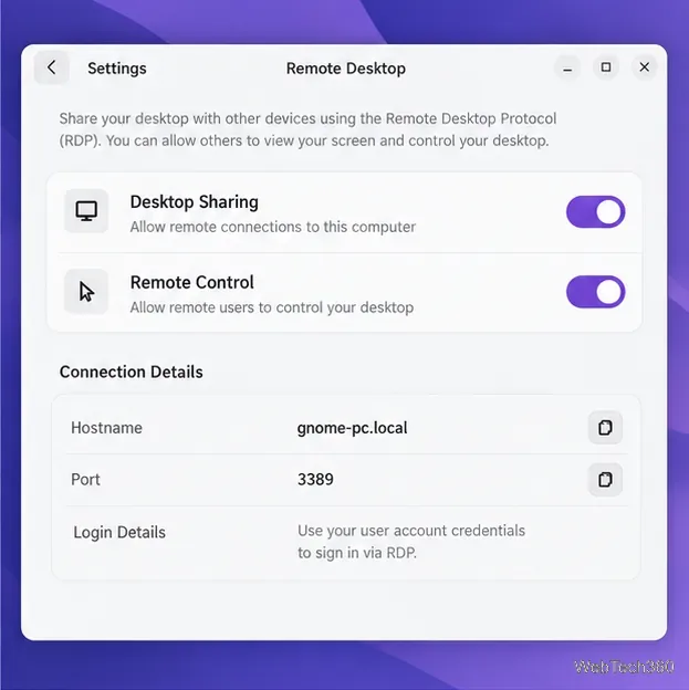 Setările Desktop la distanță GNOME afișează activate comutatoarele Partajare desktop și Control la distanță.