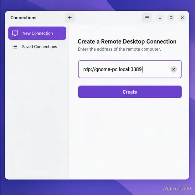 Conexiuni GNOME cu un exemplu de adresă RDP introdusă în câmpul pentru noua conexiune.