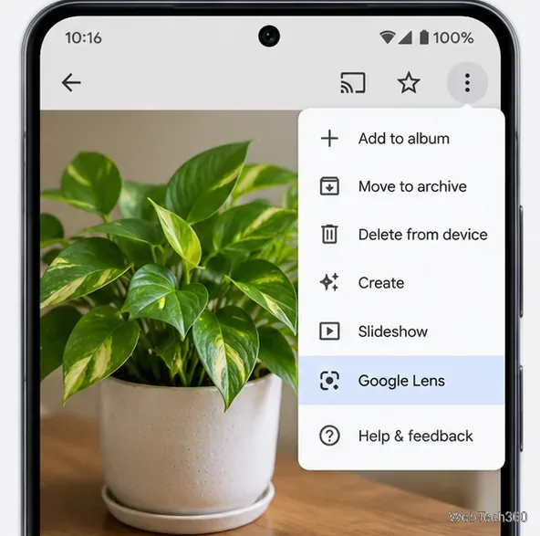 Googleフォトの画像ビューアで「その他」メニューを開き、Googleレンズオプションを選択した状態。