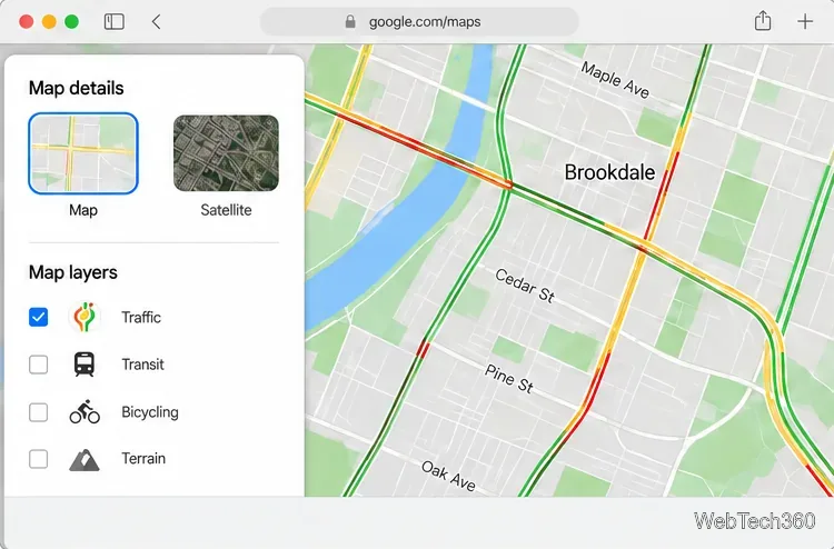 Google マップの詳細パネルには、地図と衛星画像、交通、公共交通機関、自転車、地形の各レイヤーが表示されます。