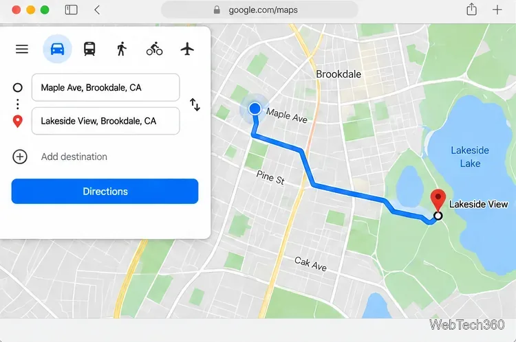 Macのブラウザに表示された、出発地と目的地フィールドを備えた、2つの場所を結ぶ青いGoogleマップのルート。