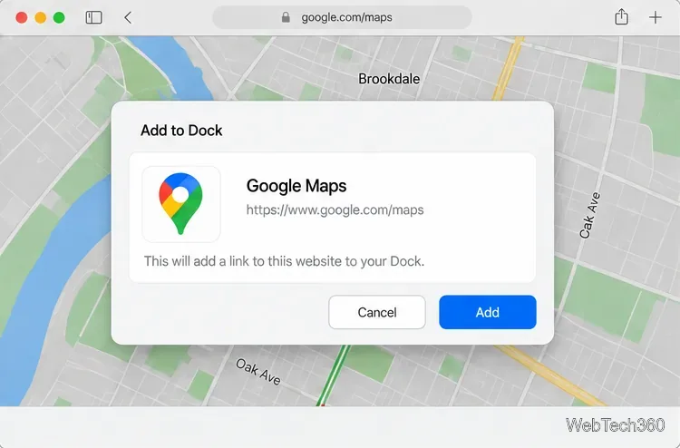 Mac版GoogleマップウェブアプリのSafariの「Dockに追加」ダイアログ