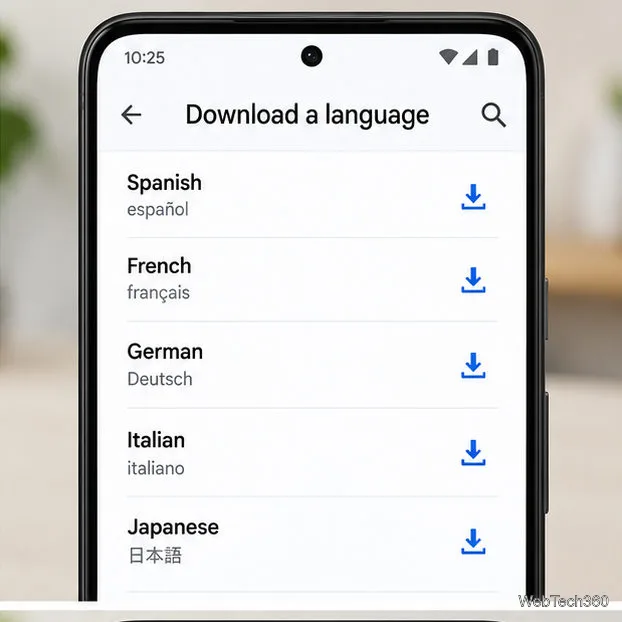 Androidの言語リストには、スペイン語、フランス語、ドイツ語、イタリア語、日本語の横にダウンロードアイコンが表示されています。