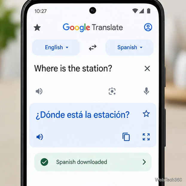 Android版Google翻訳が、英語の質問をスペイン語に翻訳し、ダウンロード済みステータスを表示している。