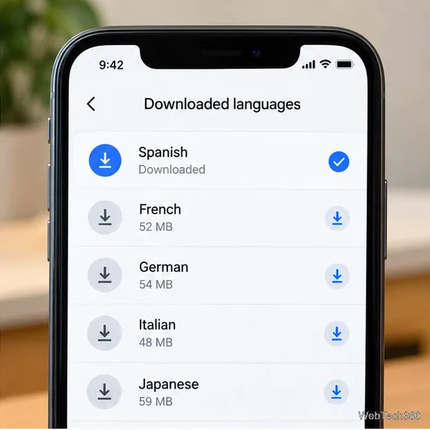 iPhoneのダウンロード言語リストにスペイン語がダウンロード済みとしてマークされている