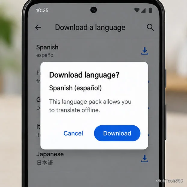 スペイン語オフライン言語パックのダウンロードに関するAndroidの確認ダイアログ