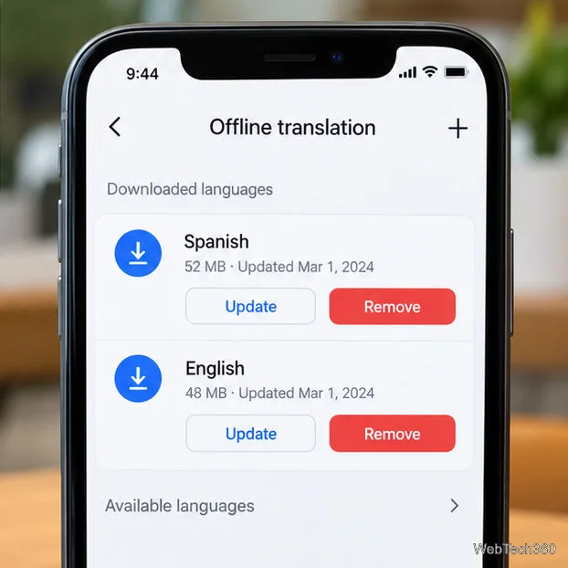 iPhoneのオフライン翻訳管理画面には、スペイン語と英語が表示され、更新と削除のオプションが表示されます。