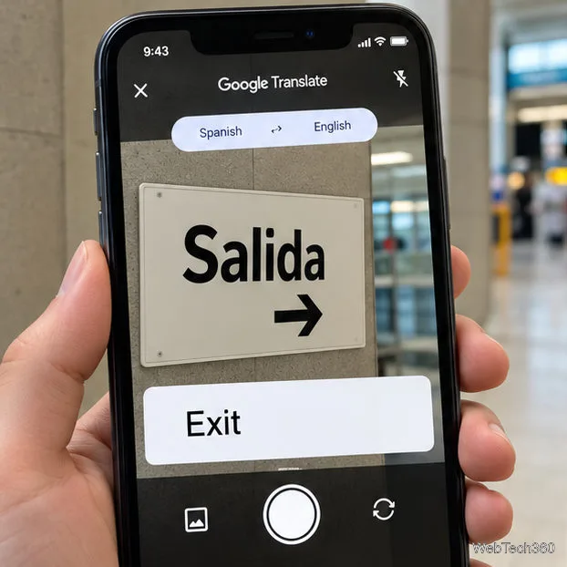 iPhoneのカメラ翻訳例で、スペイン語の単語「Salida」と英語の翻訳「Exit」が表示されています。
