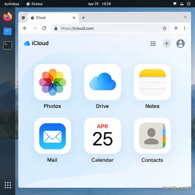 iCloud.com home page in a Linux browser with tiles for Photos, Drive, Notes, Mail, Calendar, and Contacts