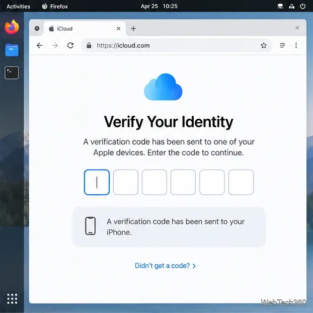iCloud identity verification page in a Linux browser, showing six empty code boxes and a notice that a code was sent to a trusted iPhone