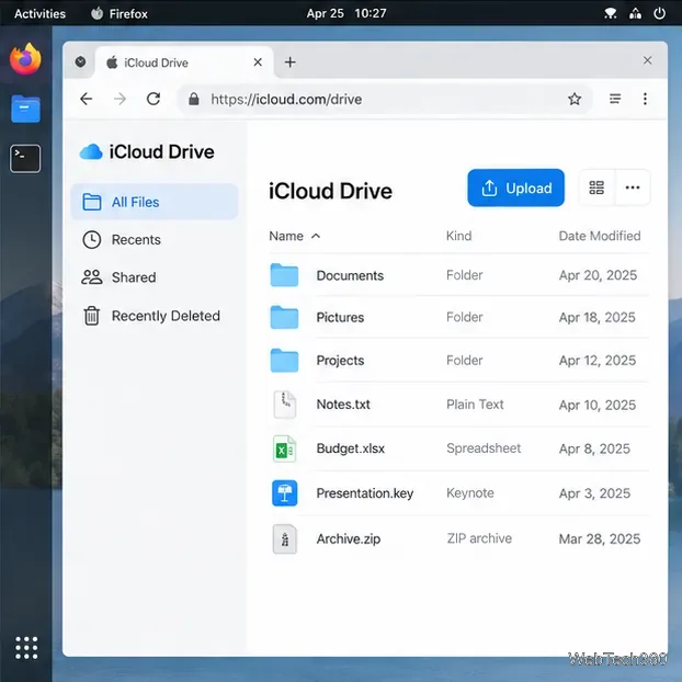 iCloud Drive in a Linux browser, showing a file list and an Upload button in the toolbar