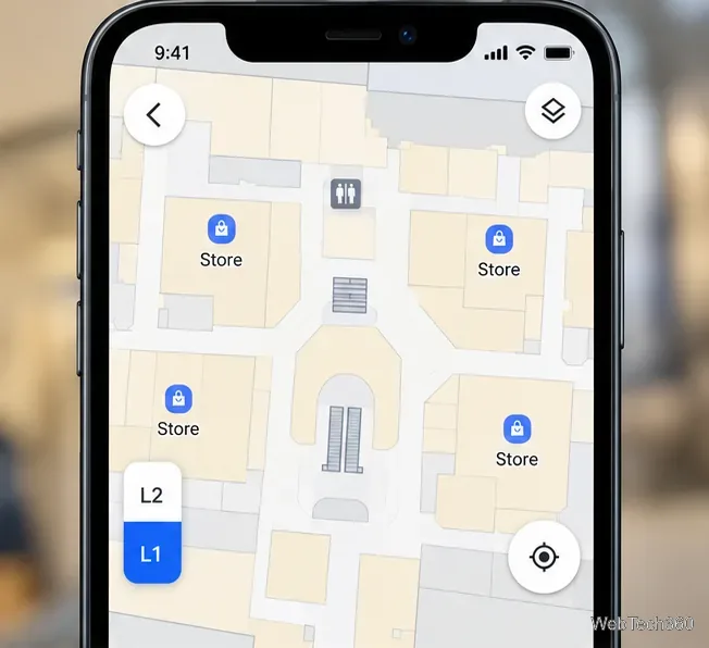 スマートフォンの画面に表示された、拡大されたショッピングモールのフロアプラン。左下のフロアセレクターで1階が選択されている。
