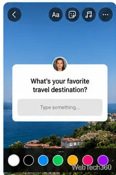 「あなたの好きな旅行先はどこですか？」という質問ステッカーがテキスト入力欄の上に表示されている。