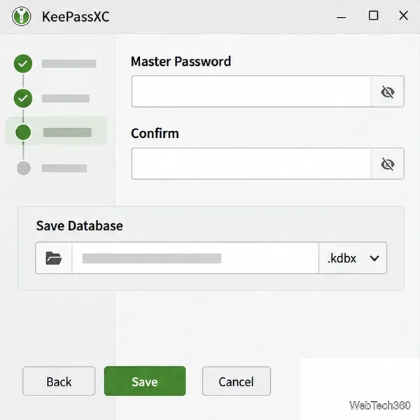 KeePassXCのマスターパスワードと確認フィールドは、「データベースを保存」コントロールの上部にあり、拡張子は.kdbxです。