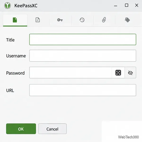 KeePassXCの新規登録フォーム。タイトル、ユーザー名、パスワード、URL、およびパスワード生成コントロールが含まれています。