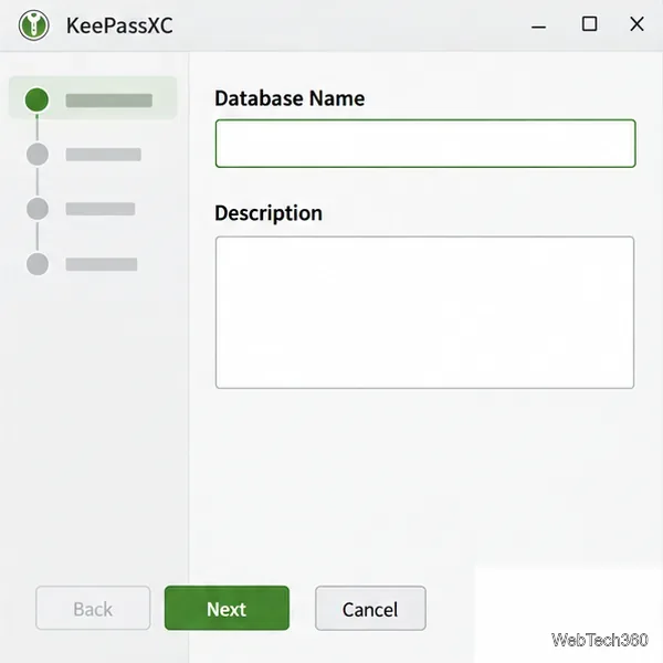 KeePassXCデータベースウィザードのデータベース名と説明フィールド。