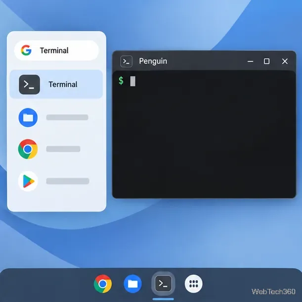 ChromeOSアプリでPenguin Linuxのターミナルウィンドウの横にある「ターミナル」を検索する。