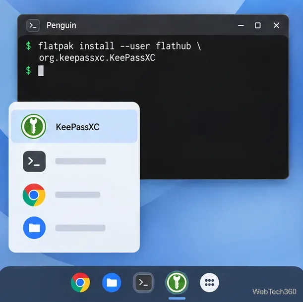 Penguinターミナルに、Flatpakのインストールコマンドが2行目に続いていることが表示されている。
