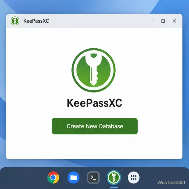 KeePassXCのウェルカムウィンドウに「新しいデータベースを作成」ボタンが表示されている。