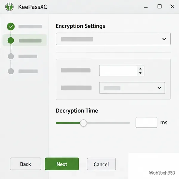 KeePassXCの暗号化設定ページに、復号時間スライダーが表示されています。