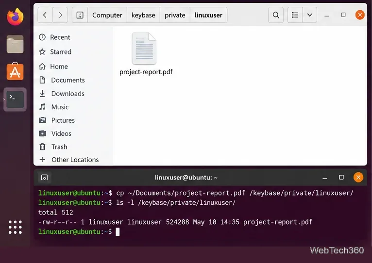 Gestore file e terminale Linux che mostrano un PDF copiato in una cartella privata di Keybase