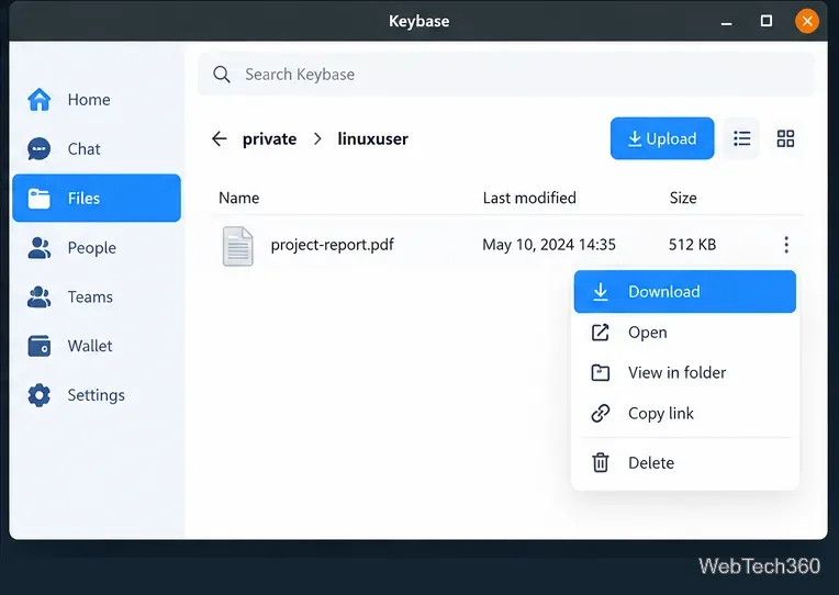 Visualizzazione di file privati ​​di Keybase con l'opzione di download selezionata per un PDF