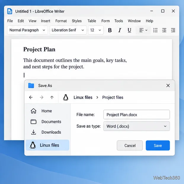 LinuxファイルでLibreOffice Writerの「名前を付けて保存」ダイアログを開き、Word(.docx)形式を選択した例。