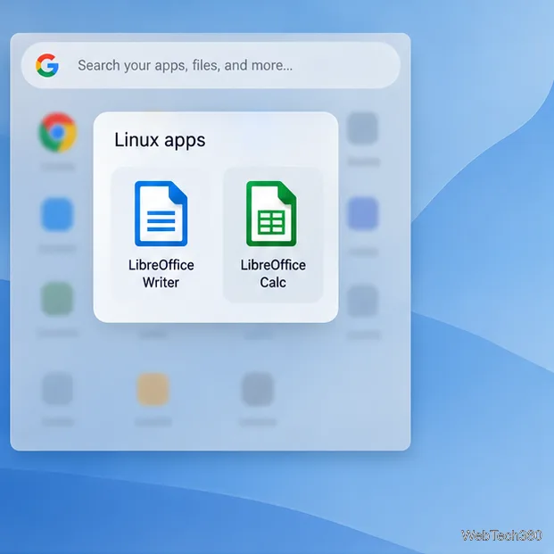 Linuxアプリフォルダが開いた状態で、LibreOffice WriterとCalcのアイコンが表示されたChromebookランチャーの例。