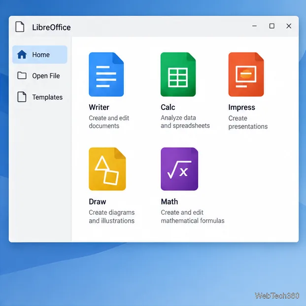 Writer、Calc、Impress、Draw、Mathの選択肢が表示されたLibreOfficeスタートセンターの例。