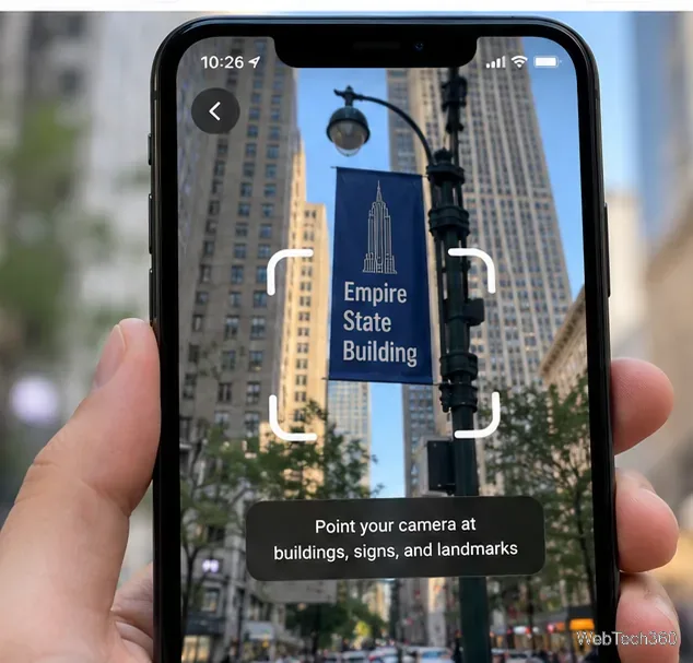 スマートフォンのカメラナビゲーションビューで、認識可能な建物や道路標識をスキャンして位置を特定する。