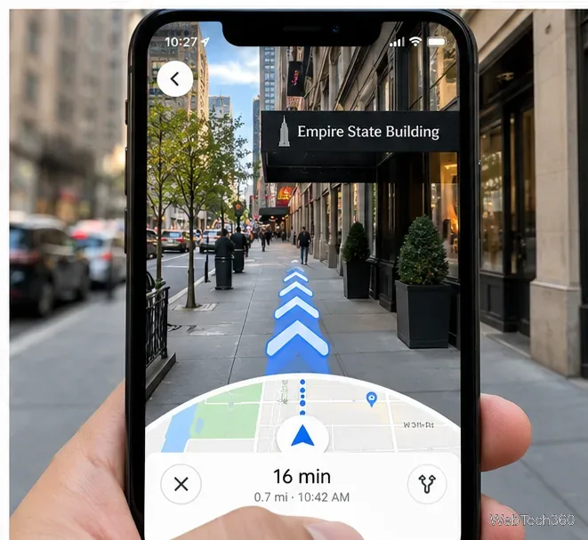 Googleマップのカメラナビゲーションで、歩道の上に青い方向矢印が表示され、その下に小さな地図が表示されている。