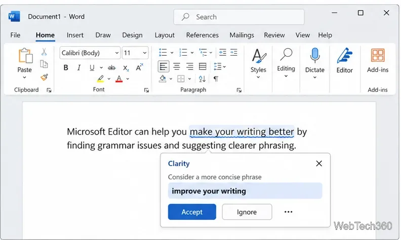 Microsoft Editorの明確化提案と「承認」および「無視」コントロールを示すWord文書