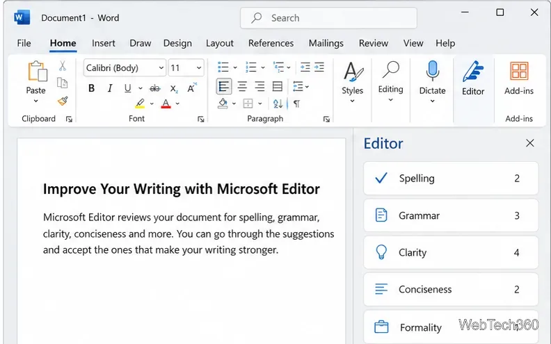 Word の Microsoft エディター ペインに、スペル、文法、明瞭さ、簡潔さ、および形式性のカテゴリが表示されます。