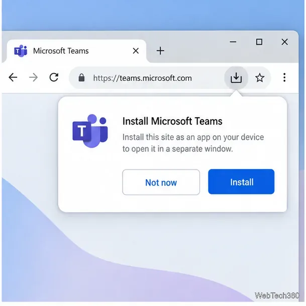 Microsoft Teams WebサイトをWebアプリとして追加するためのChromeインストールプロンプト