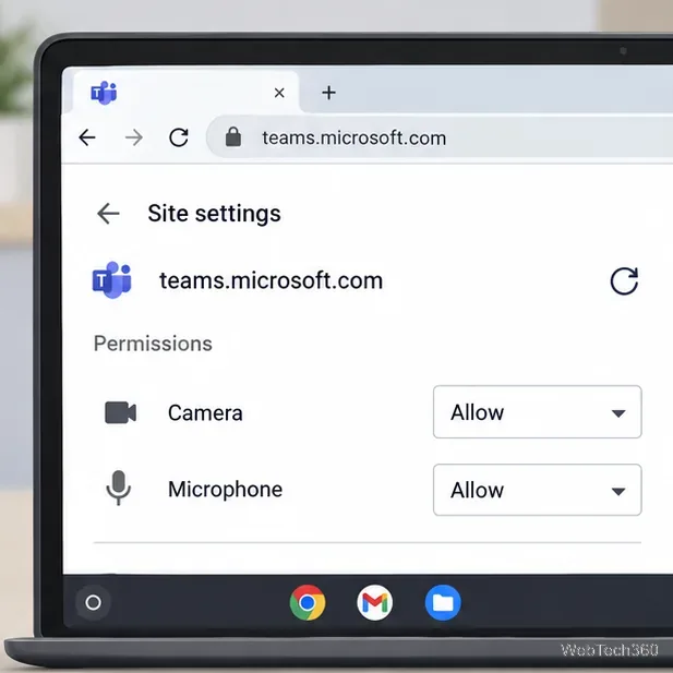 teams.microsoft.com の Chrome サイト設定で、カメラとマイクが「許可」に設定されている。