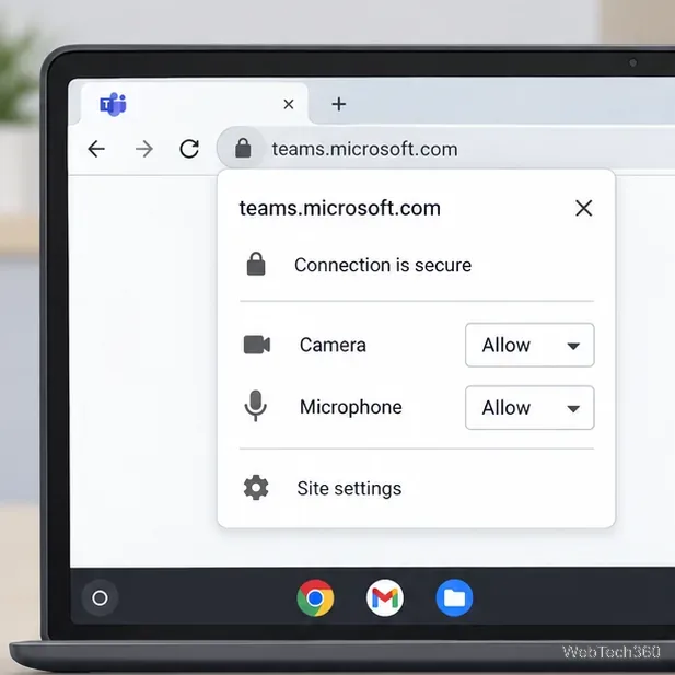 teams.microsoft.com の Chrome サイトコントロールで、カメラとマイクが「許可」に設定されている。