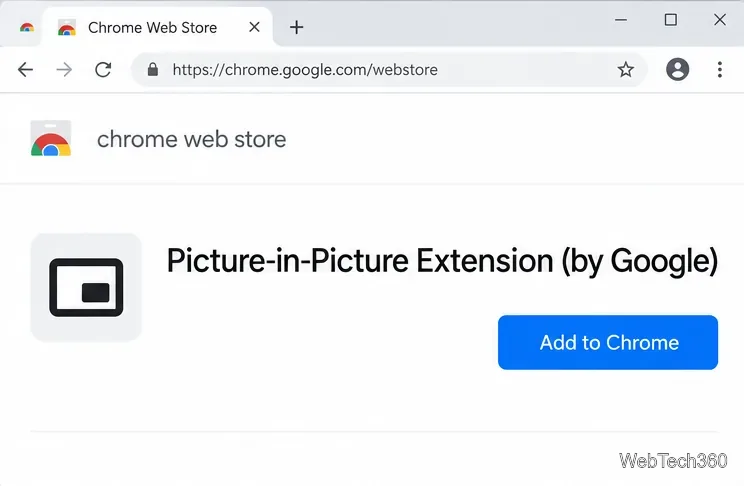 Exemple de fiche produit de l'extension Picture-in-Picture de Google sur le Chrome Web Store, avec le bouton « Ajouter à Chrome » visible.