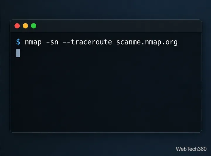 Uma janela de terminal mostra o comando Nmap com -sn e --traceroute para scanme.nmap.org