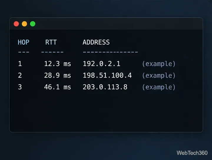 Uma tabela ilustrativa de traceroute do Nmap lista os números de saltos, os tempos de ida e volta e os endereços IP disponíveis apenas para documentação.